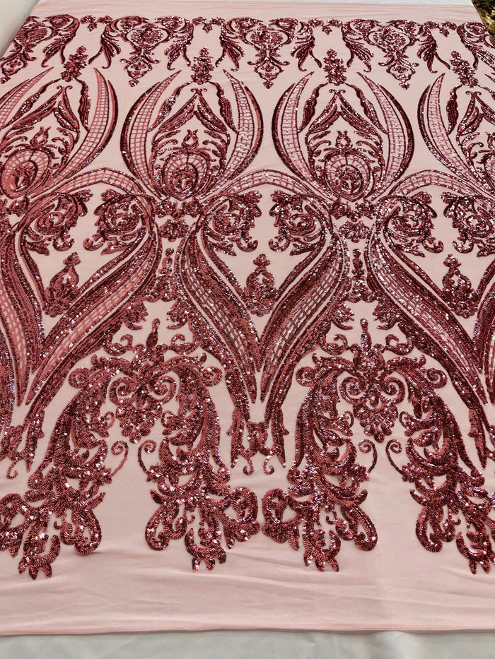 Big Damask 4 Way Sequins - Pink - Embroidered Damask Design Sequins Fabric Sold By Yard