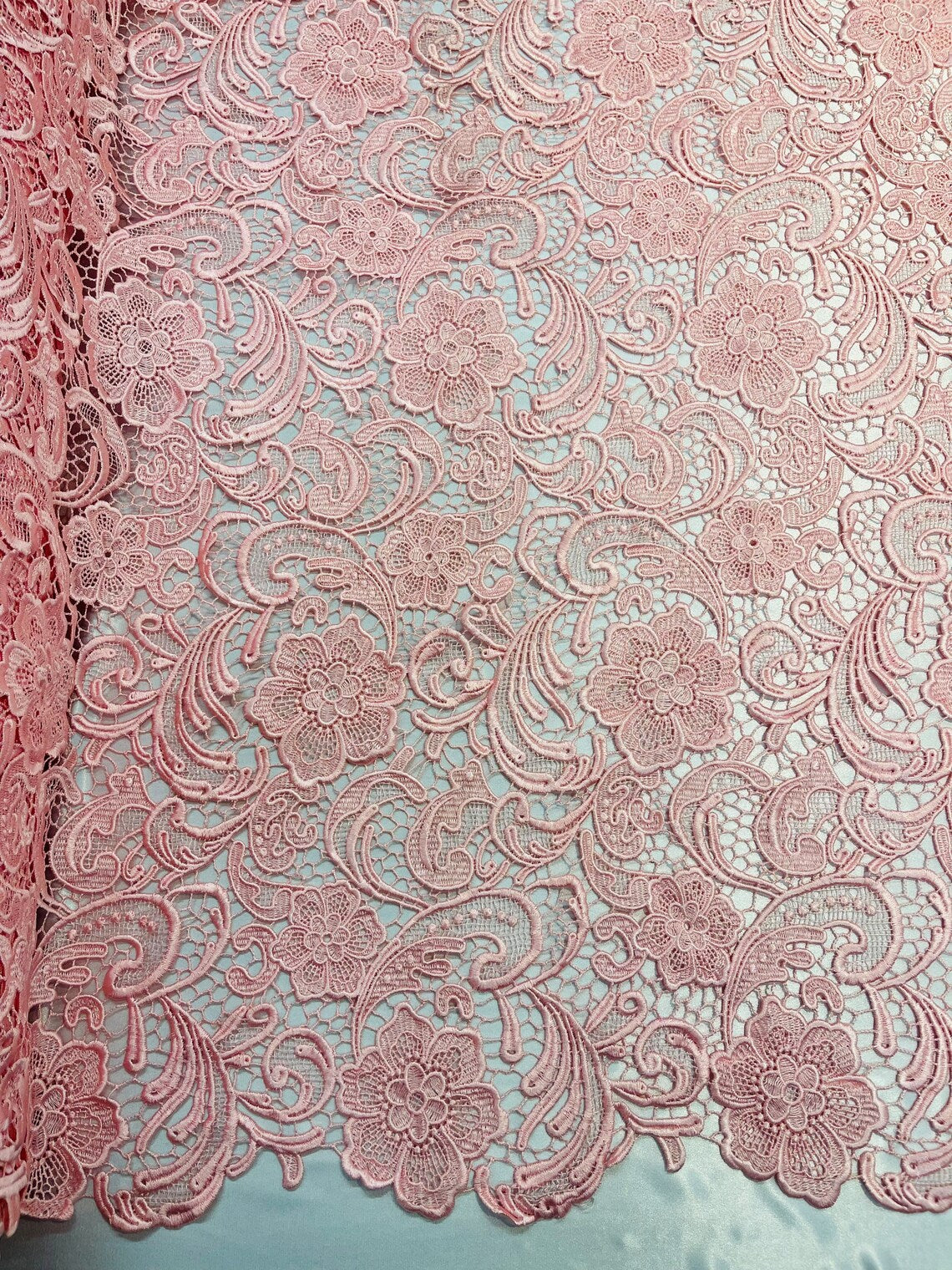 Floral Design Guipure Fabric - Pink - Floral Lace Guipure Wedding Bridal Dress Fabrics by the Yard