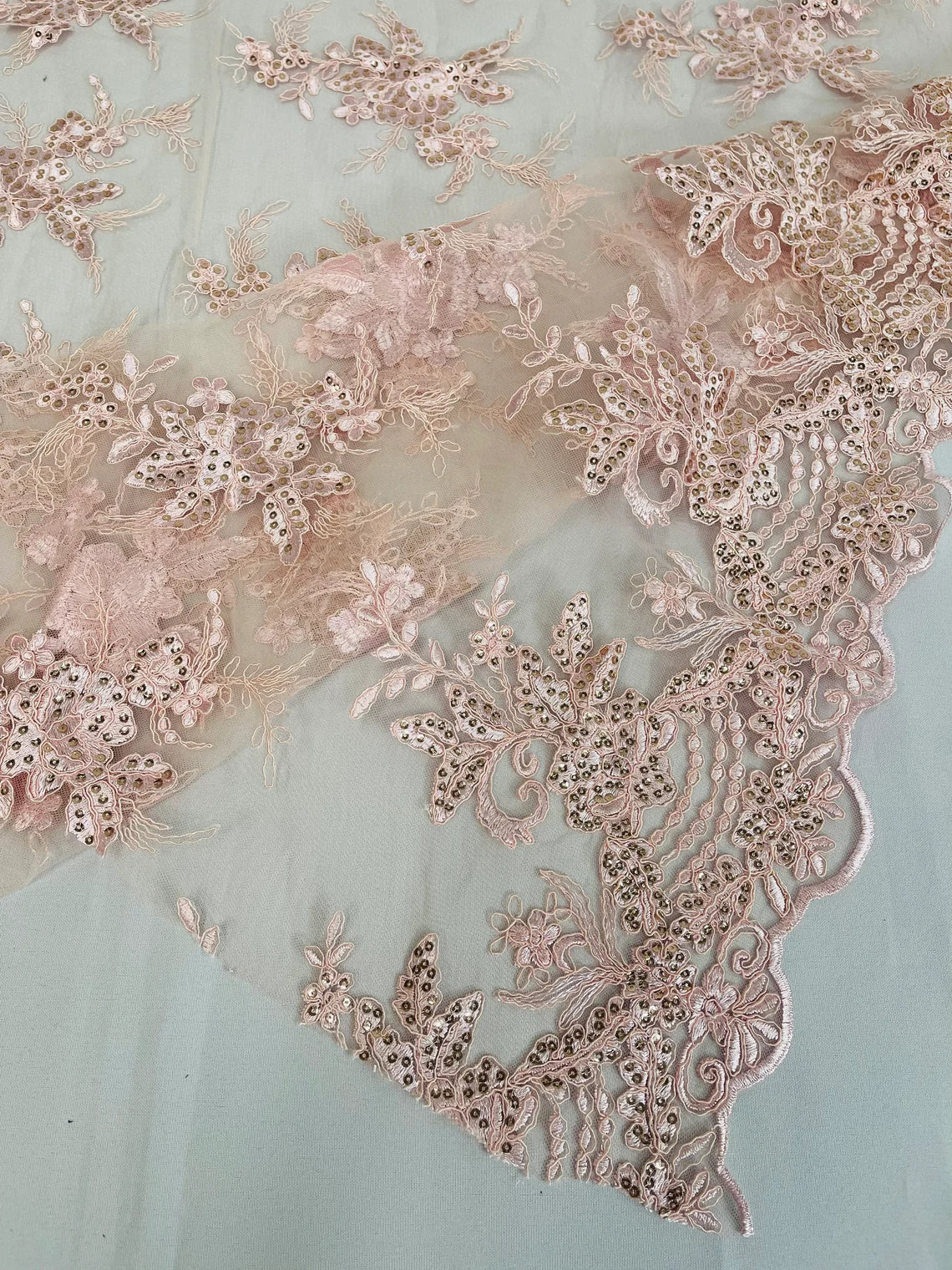 Flower Lace Sequins Fabric - Pink - Floral Pattern Sequins Embroidered Fabric By Yard