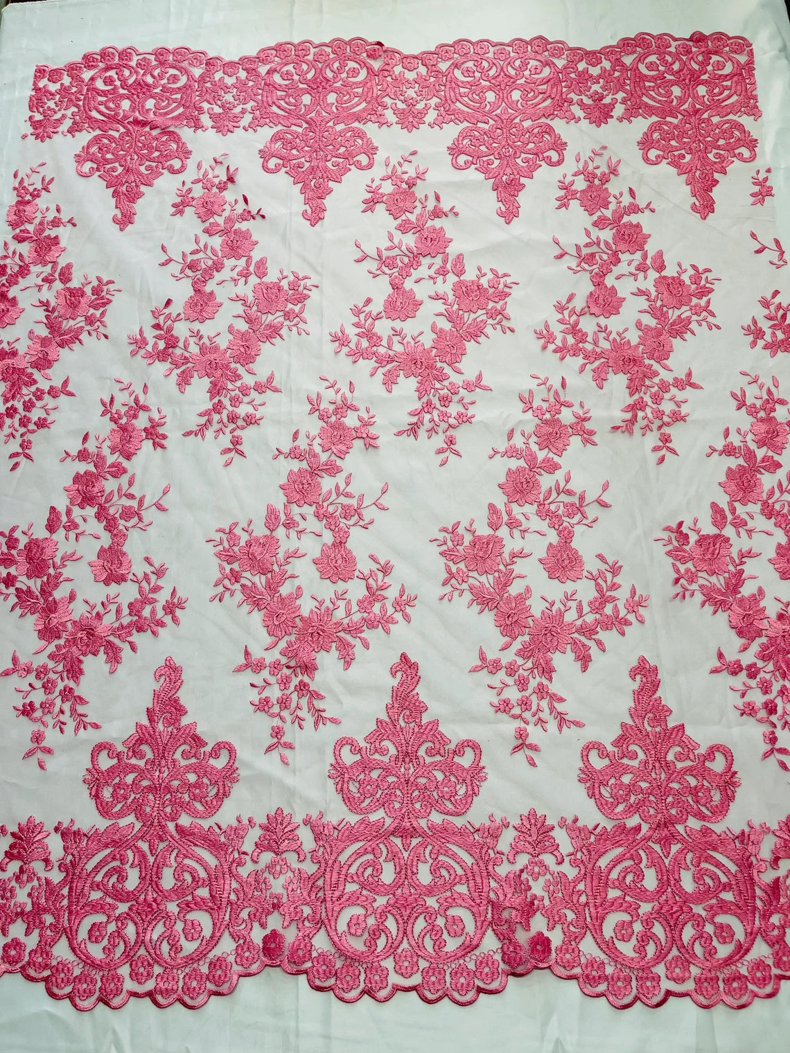 Damask Design Lace Fabric - Pink - Embroidered Damask Fancy Beautiful Design Lace Fabric By Yard