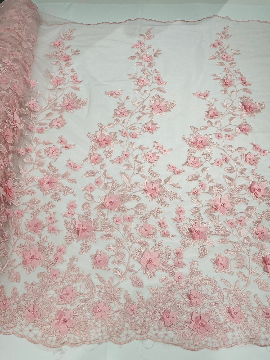 3D Floral Princess Fabric - Pink - Embroidered Floral Lace Fabric with 3D Flowers By Yard