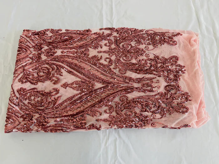 Big Damask 4 Way Sequins - Pink - Embroidered Damask Design Sequins Fabric Sold By Yard