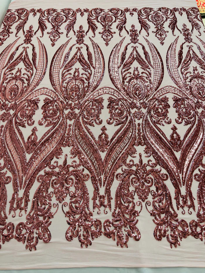 Big Damask 4 Way Sequins - Pink - Embroidered Damask Design Sequins Fabric Sold By Yard