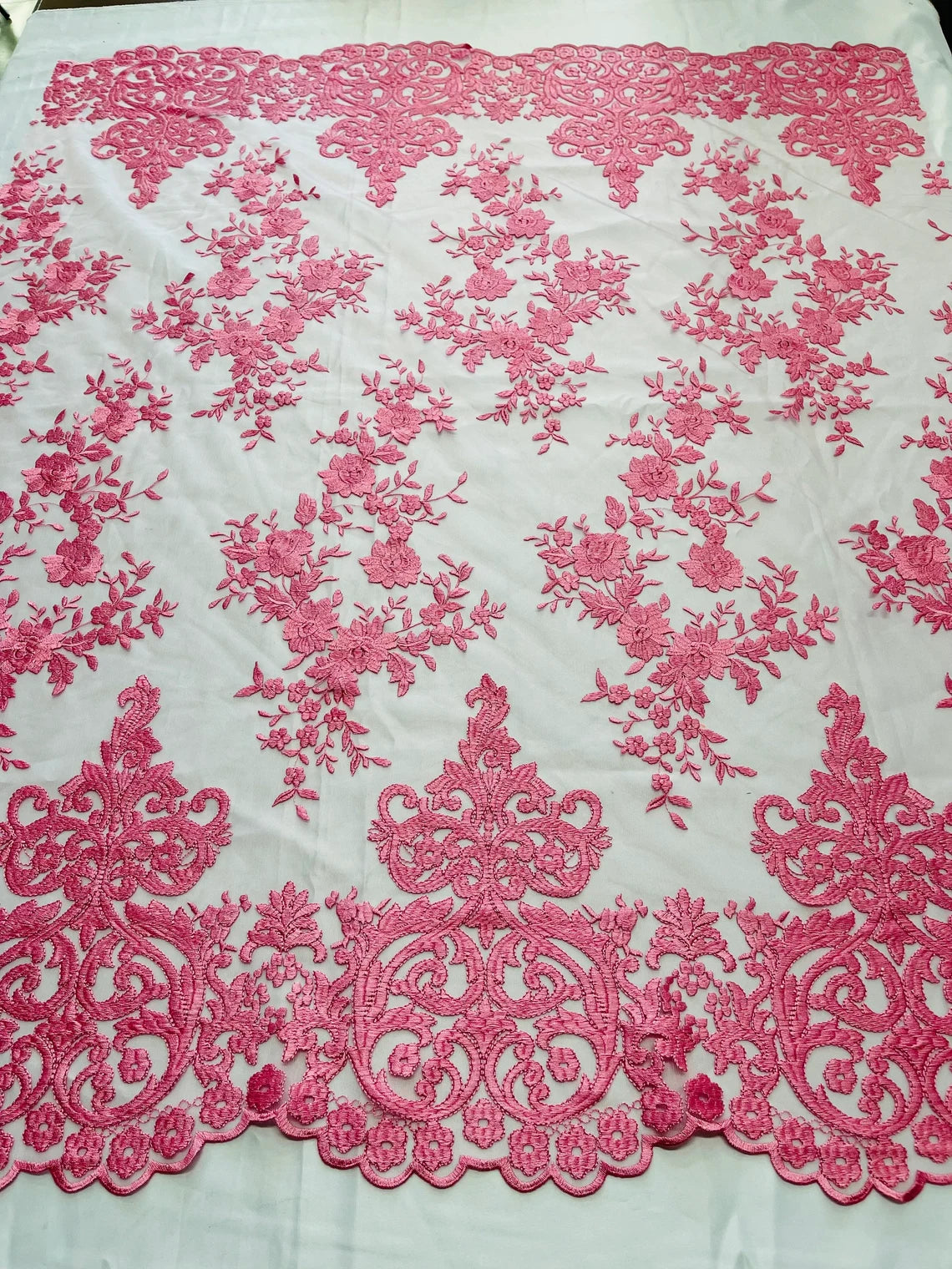 Damask Design Lace Fabric - Pink - Embroidered Damask Fancy Beautiful Design Lace Fabric By Yard