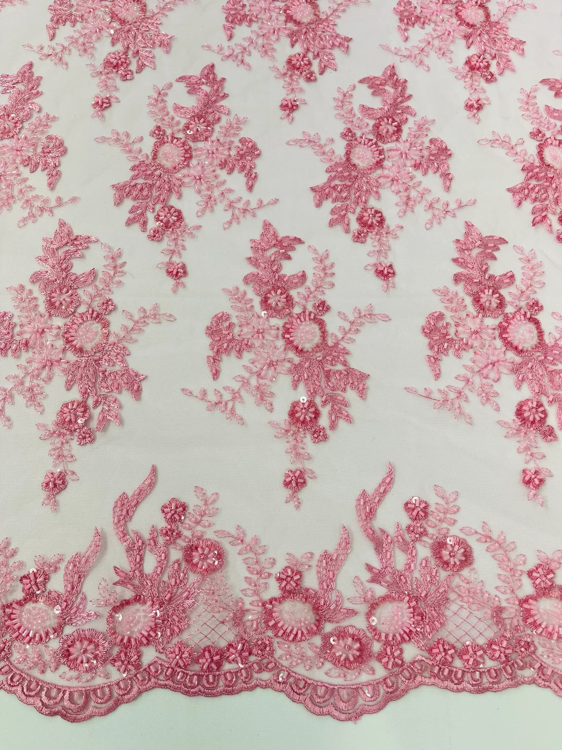 Floral Leaf Bead Sequins Fabric - Pink - Embroidered Flower and Leaves Design Fabric By Yard