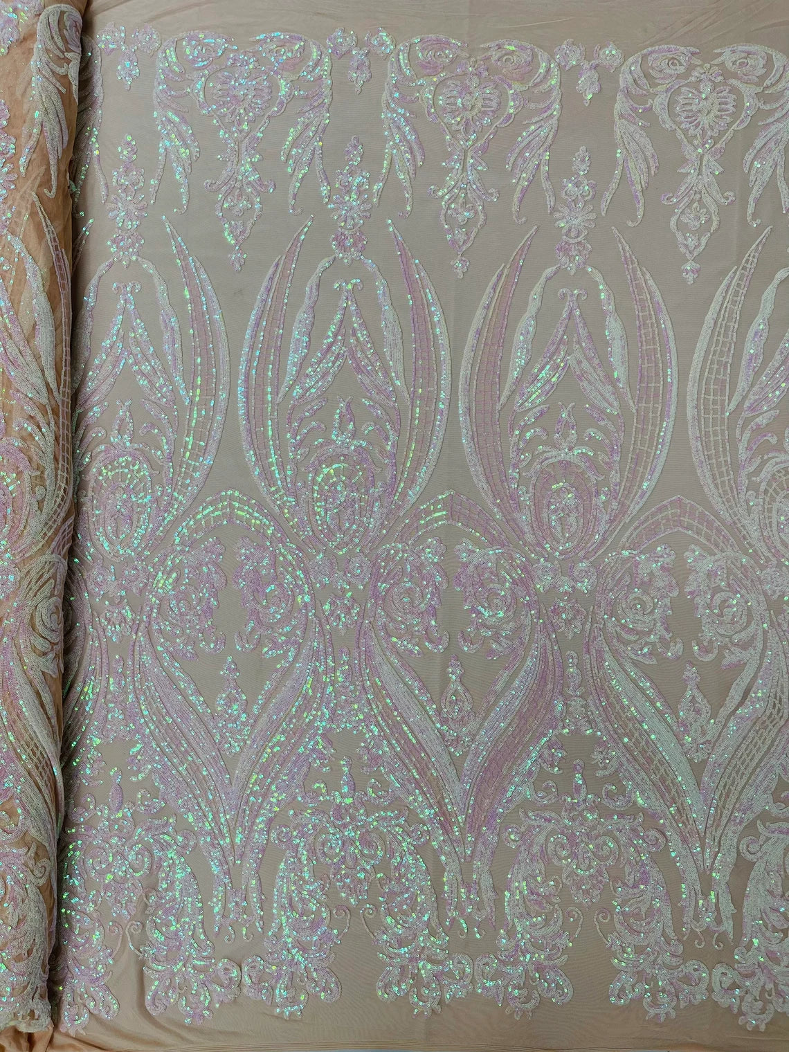 Big Damask 4 Way Sequins - Pink / White Iridescent on Nude - Embroidered Damask Design Sequins Fabric Sold By Yard