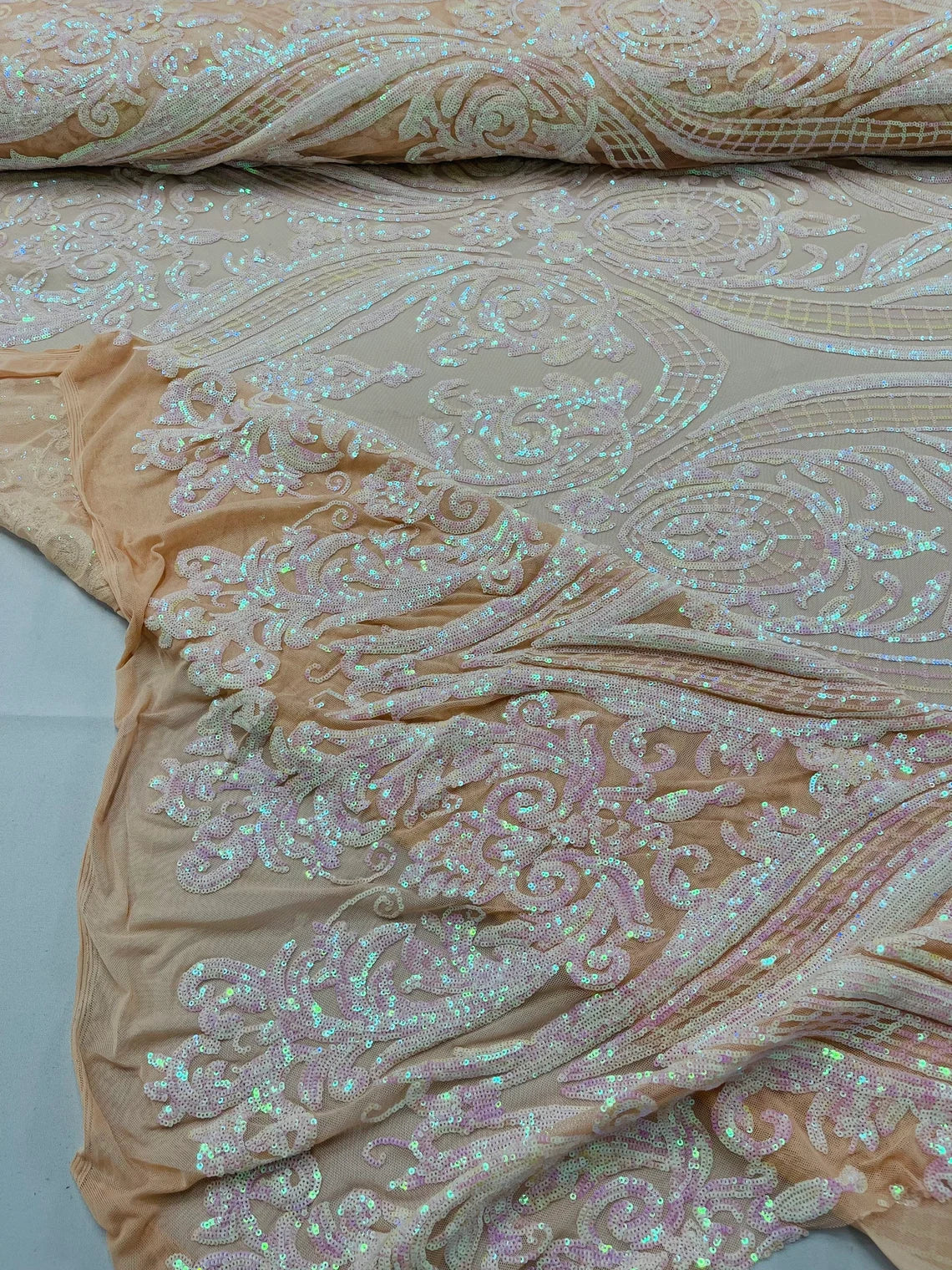 Big Damask 4 Way Sequins - Pink / White Iridescent on Nude - Embroidered Damask Design Sequins Fabric Sold By Yard