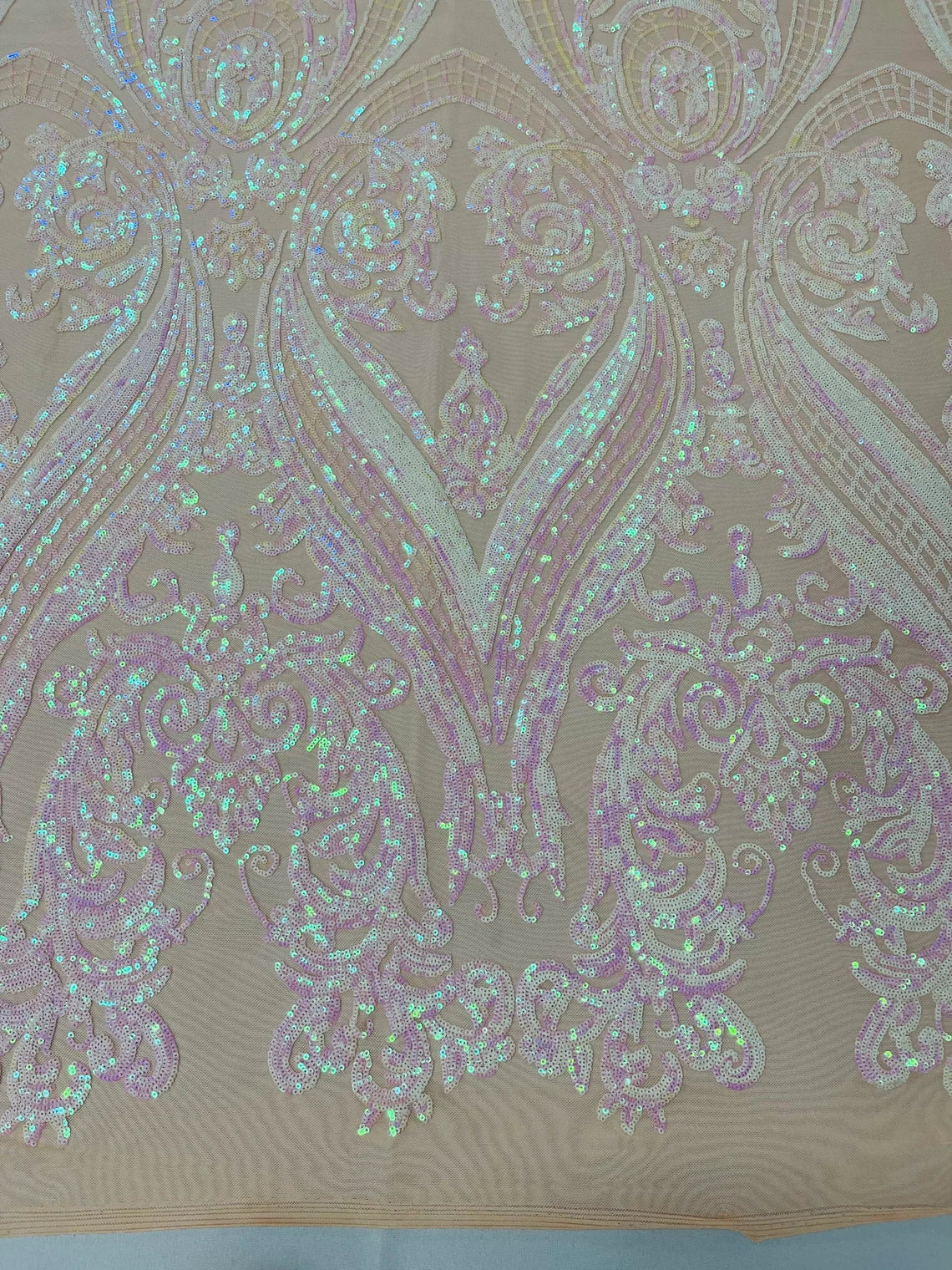 Big Damask 4 Way Sequins - Pink / White Iridescent on Nude - Embroidered Damask Design Sequins Fabric Sold By Yard