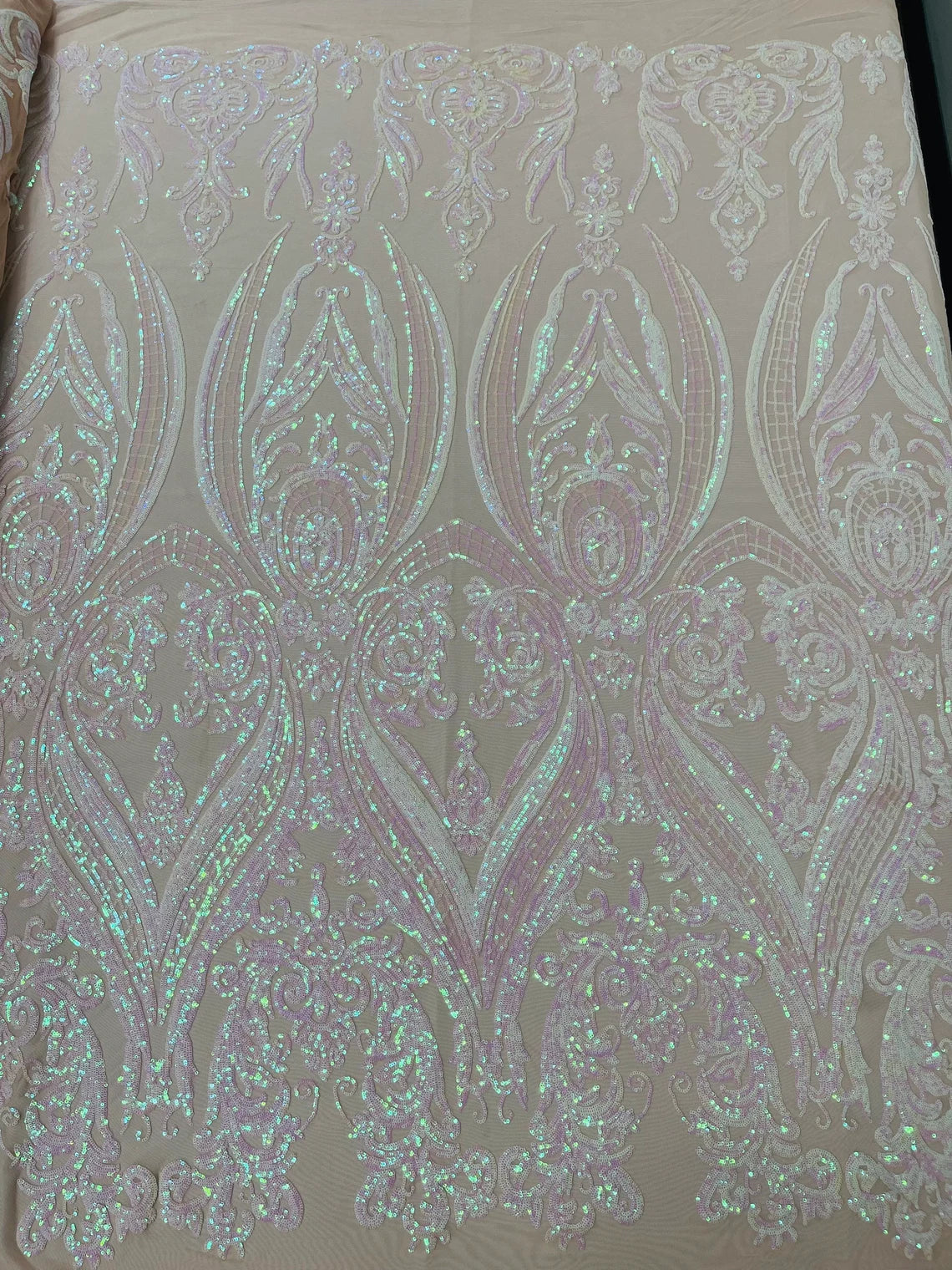 Big Damask 4 Way Sequins - Pink / White Iridescent on Nude - Embroidered Damask Design Sequins Fabric Sold By Yard