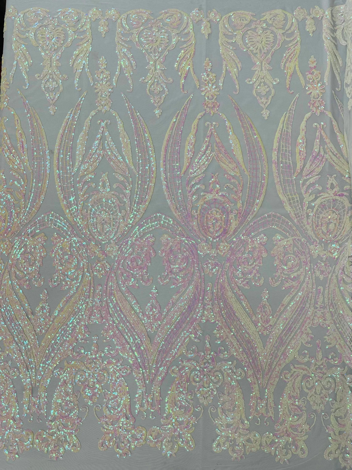 Big Damask 4 Way Sequins - Pink / White Iridescent - Embroidered Damask Design Sequins Fabric Sold By Yard