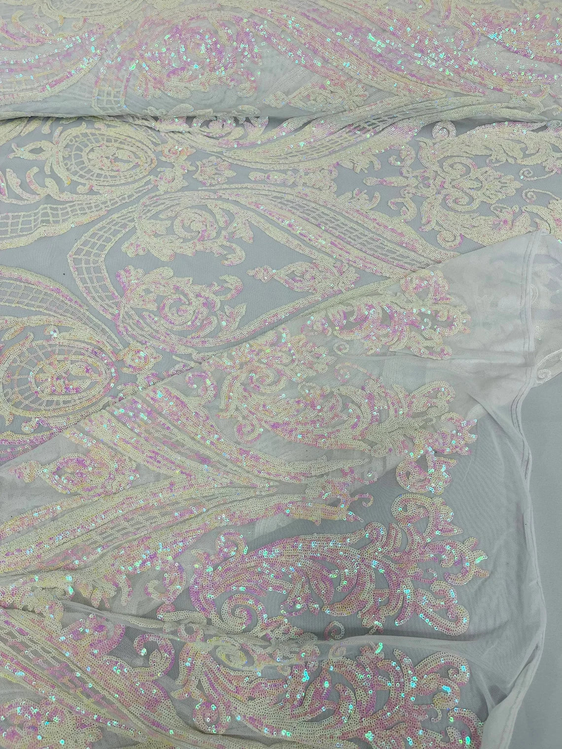 Big Damask 4 Way Sequins - Pink / White Iridescent - Embroidered Damask Design Sequins Fabric Sold By Yard