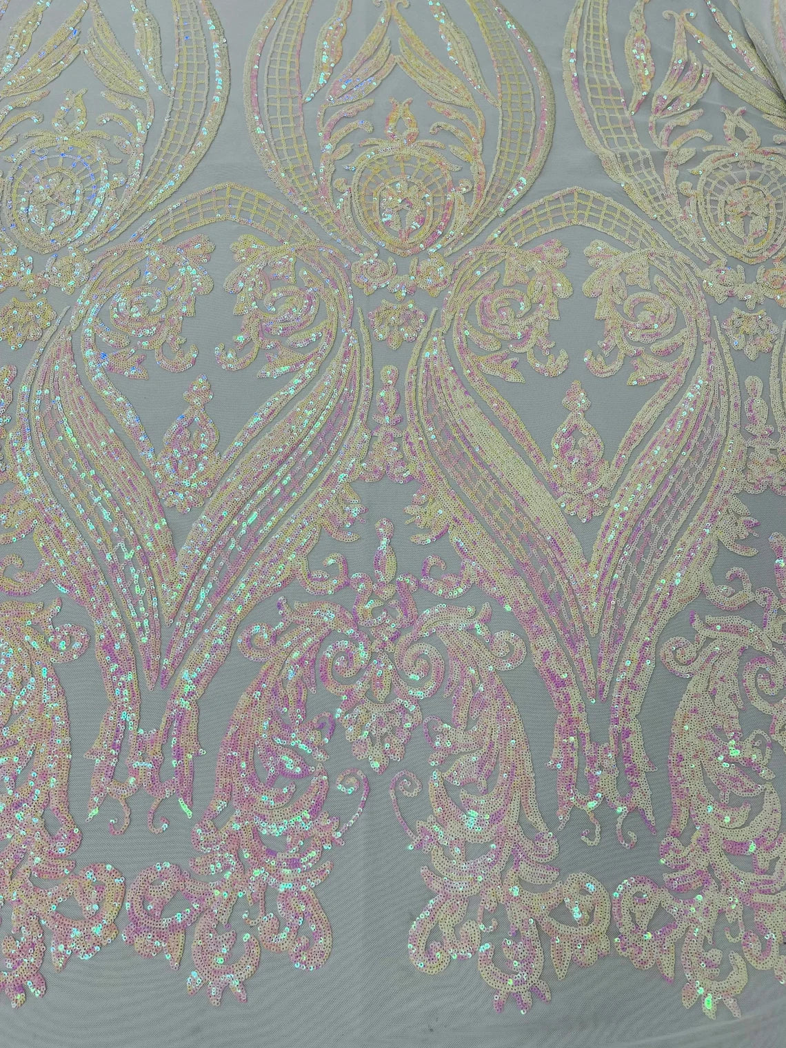 Big Damask 4 Way Sequins - Pink / White Iridescent - Embroidered Damask Design Sequins Fabric Sold By Yard