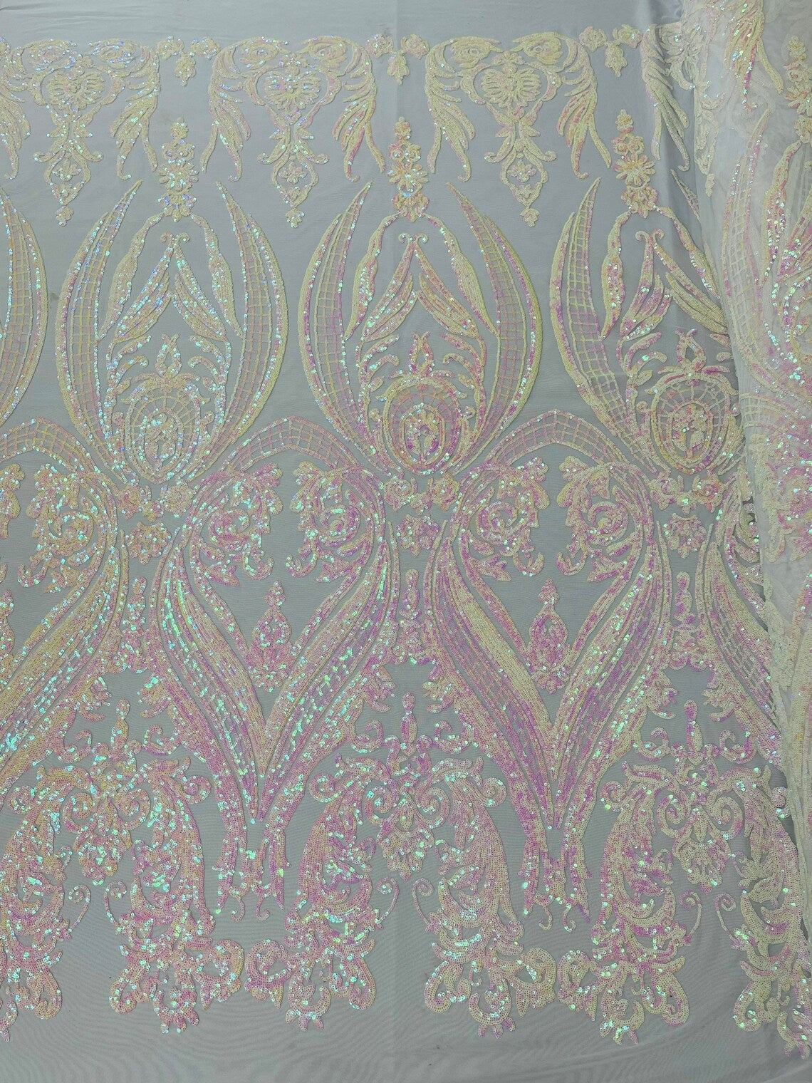 Big Damask 4 Way Sequins - Pink / White Iridescent - Embroidered Damask Design Sequins Fabric Sold By Yard