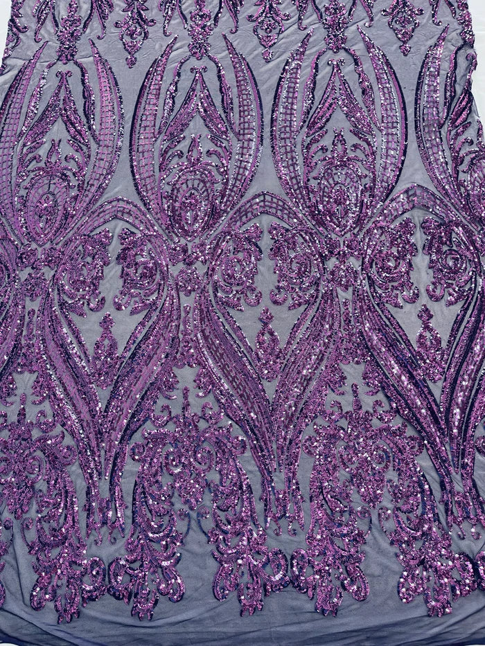 Big Damask 4 Way Sequins - Plum - Embroidered Damask Design Sequins Fabric Sold By Yard