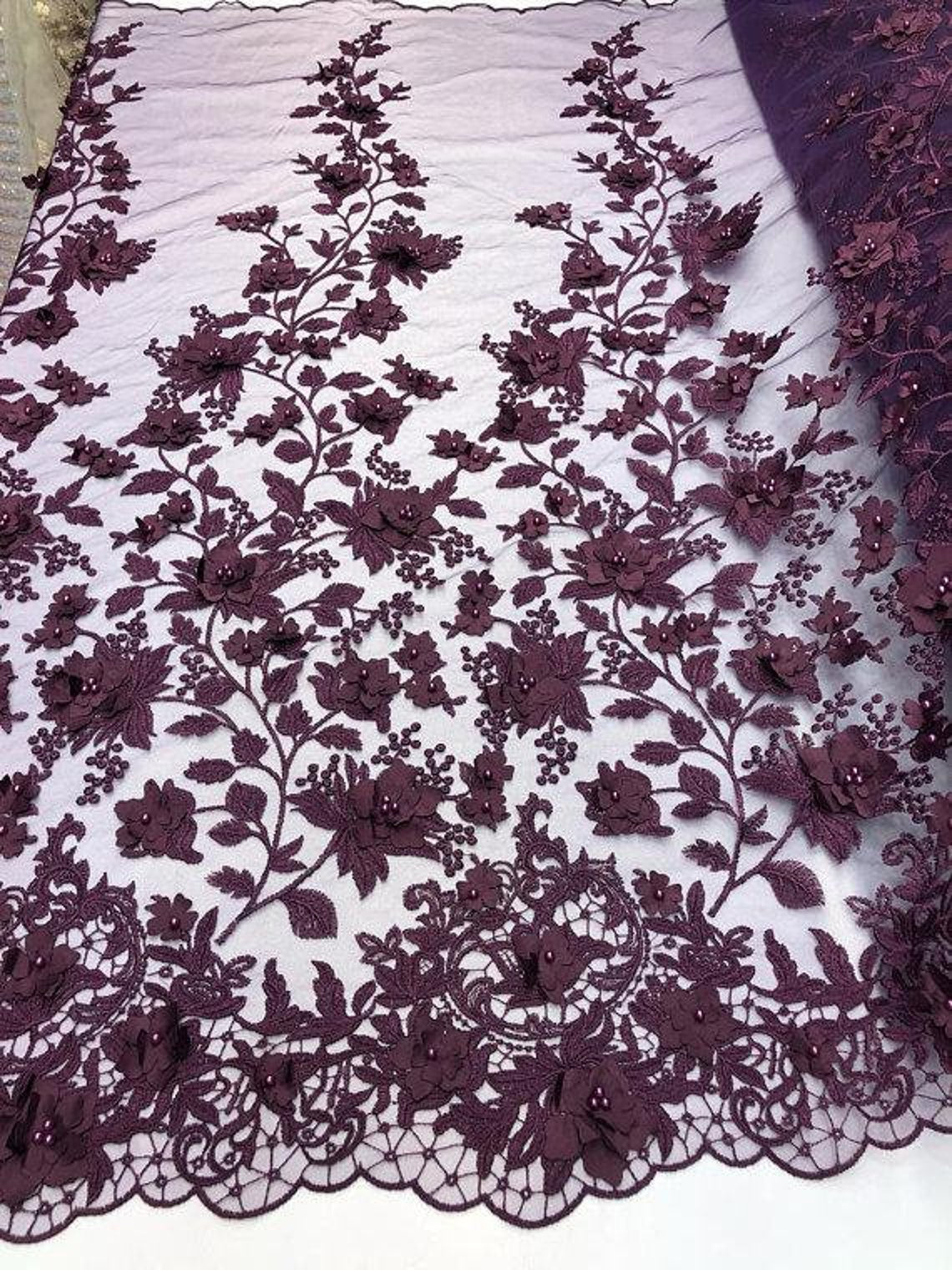 3D Floral Princess Fabric - Plum - Embroidered Floral Lace Fabric with 3D Flowers By Yard