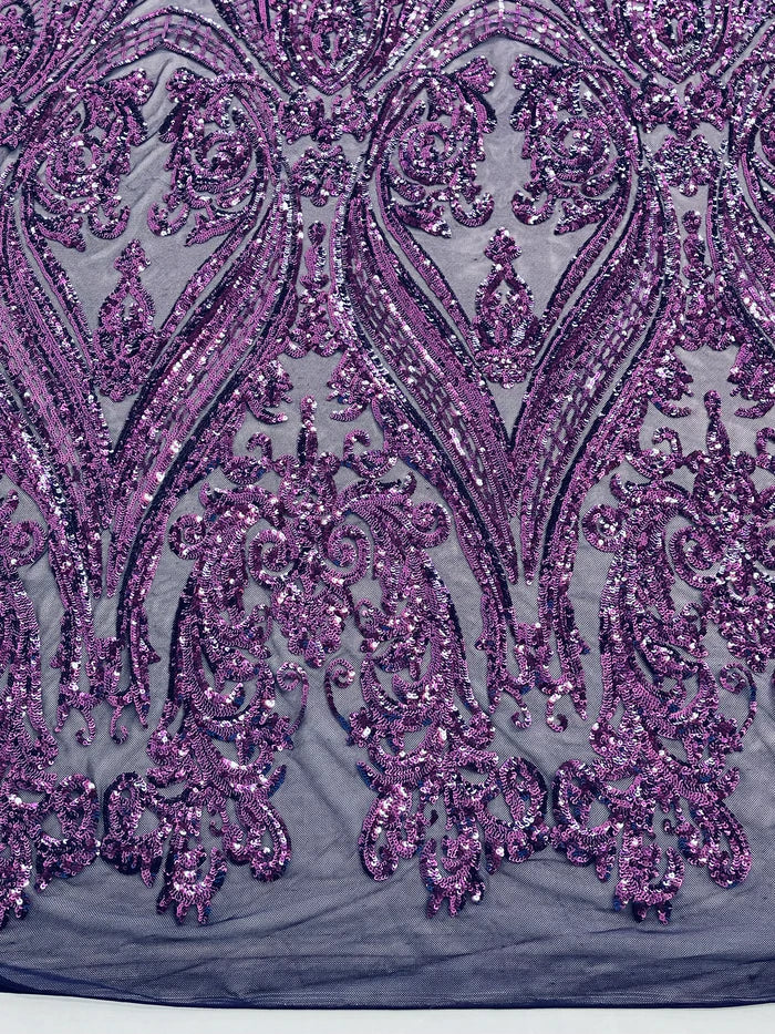 Big Damask 4 Way Sequins - Plum - Embroidered Damask Design Sequins Fabric Sold By Yard