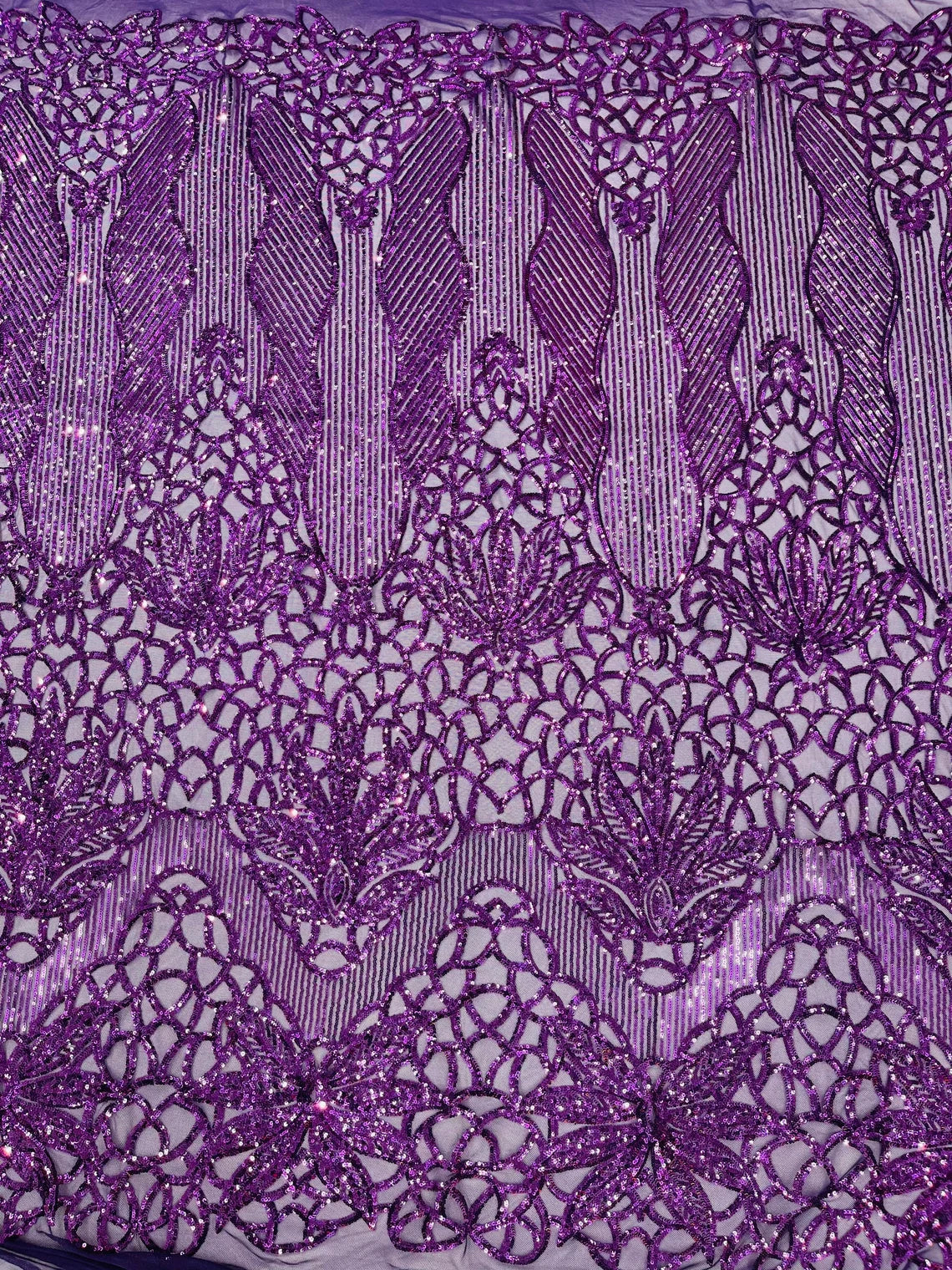 Gorgeous Star Leaf Fabric - Plum - Leaf Design Embroidered 4 Way Stretch Sequins Fabric By Yard