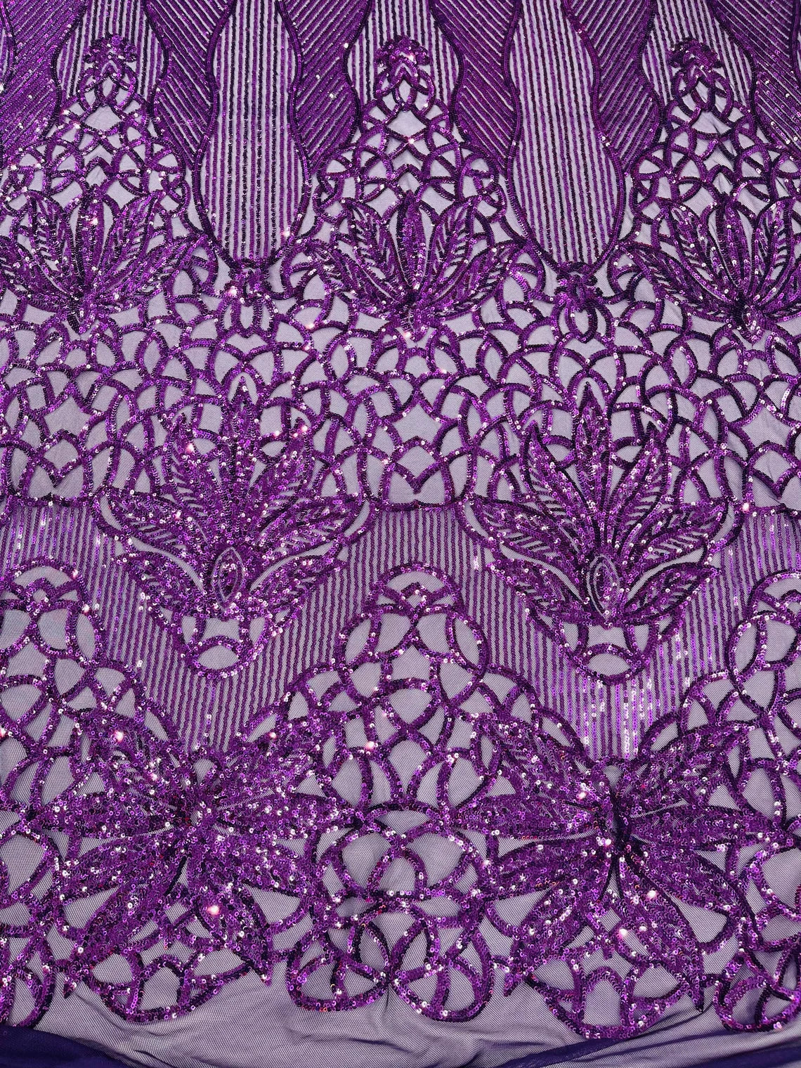 Gorgeous Star Leaf Fabric - Plum - Leaf Design Embroidered 4 Way Stretch Sequins Fabric By Yard