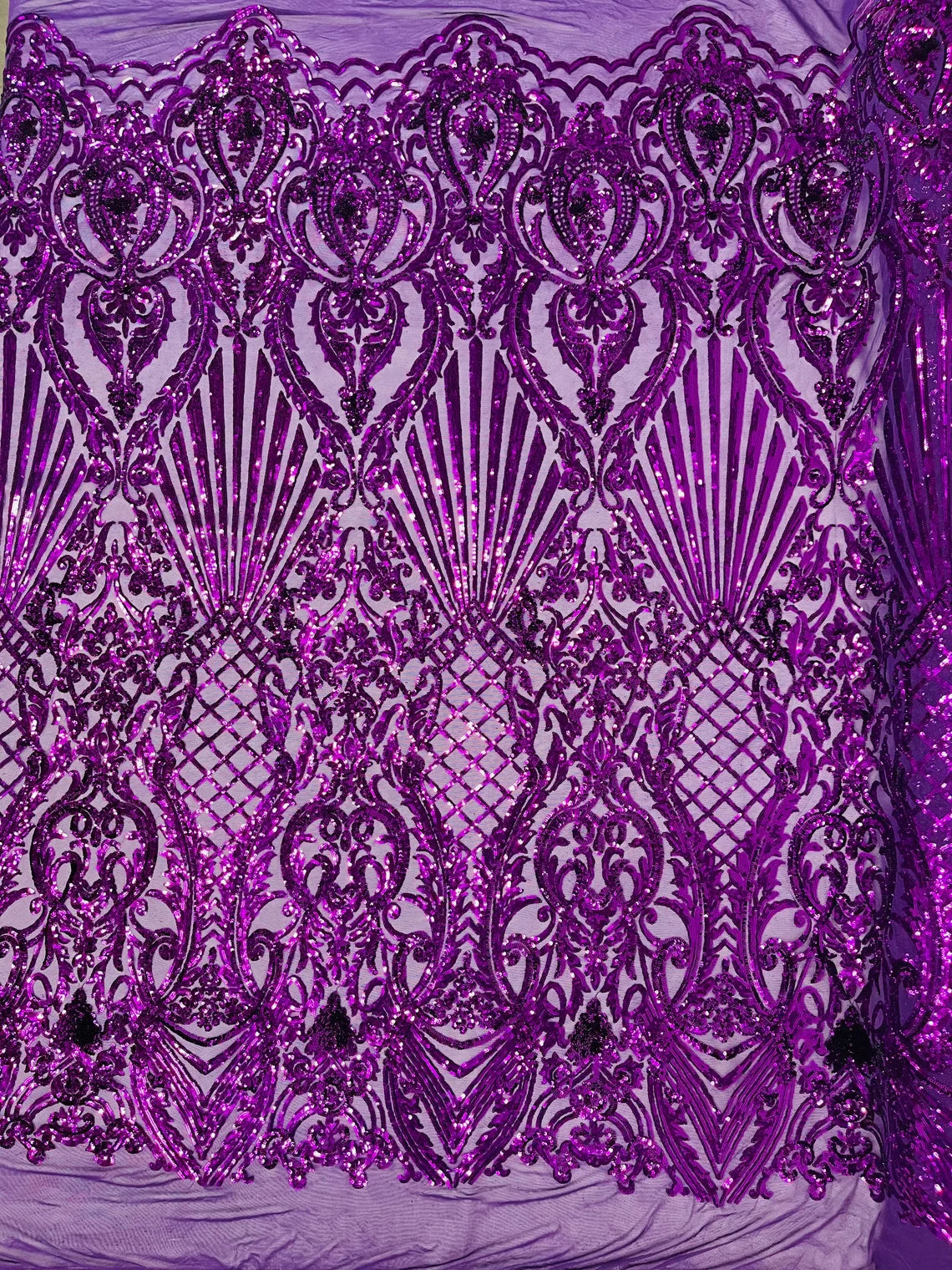 Seashell Geometric Sequins - Purple - Embroidered Sequins on 4 Way Stretch Lace Mesh Sold By Yard