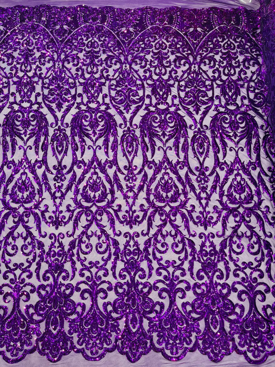 King Damask Design Sequins - Purple - 4 Way Stretch Lace Mesh Embroidered Sequins By Yard