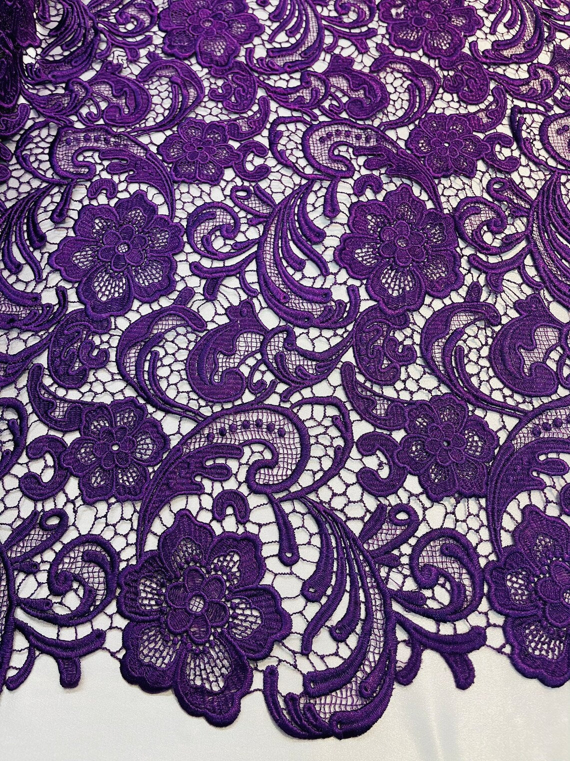 Floral Design Guipure Fabric - Purple - Floral Lace Guipure Wedding Bridal Dress Fabrics by the Yard