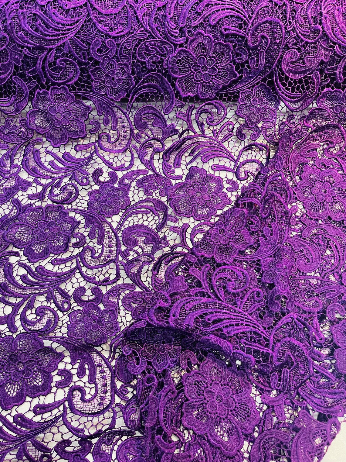 Floral Design Guipure Fabric - Purple - Floral Lace Guipure Wedding Bridal Dress Fabrics by the Yard