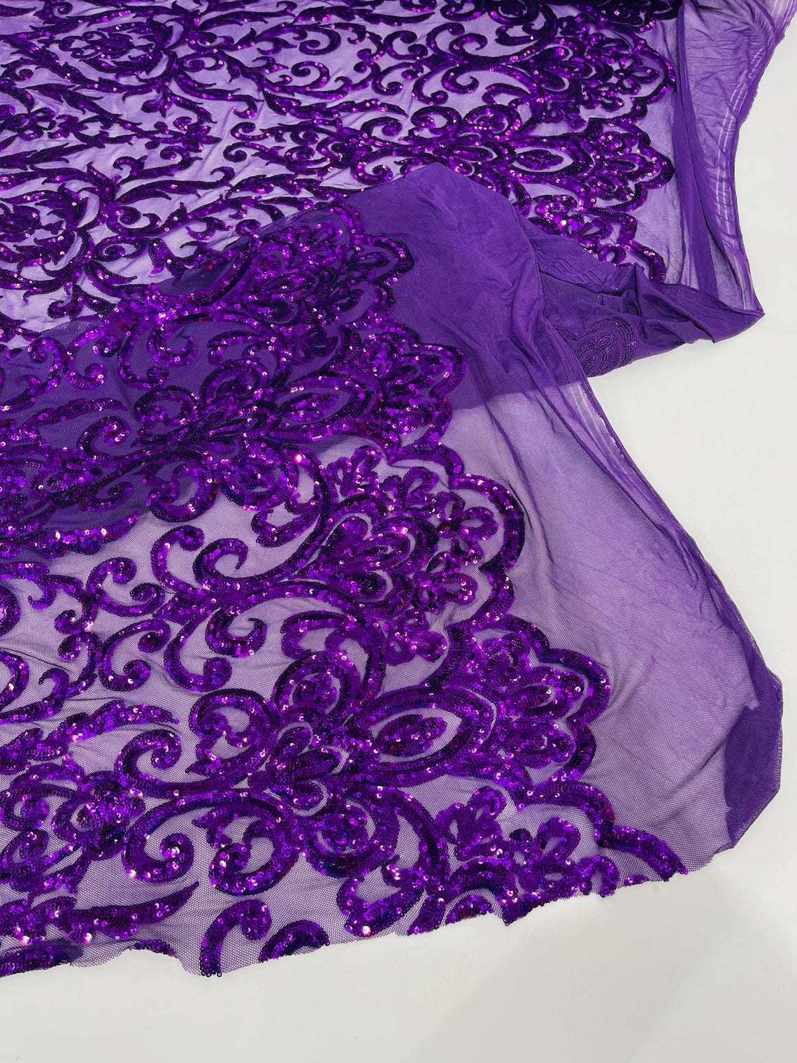 King Damask Design Sequins - Purple - 4 Way Stretch Lace Mesh Embroidered Sequins By Yard