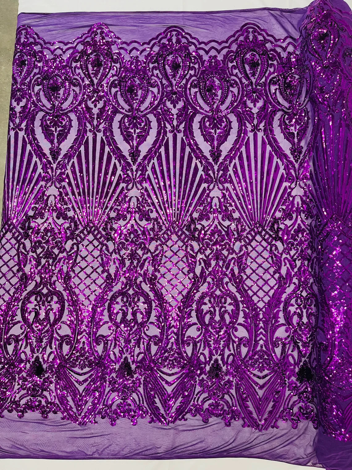 Seashell Geometric Sequins - Purple - Embroidered Sequins on 4 Way Stretch Lace Mesh Sold By Yard