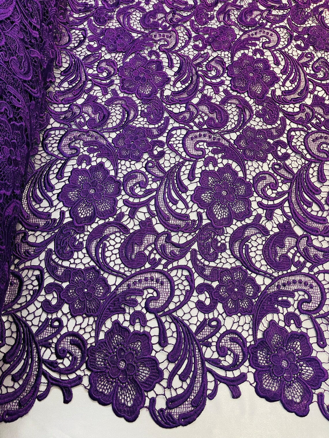 Floral Design Guipure Fabric - Purple - Floral Lace Guipure Wedding Bridal Dress Fabrics by the Yard