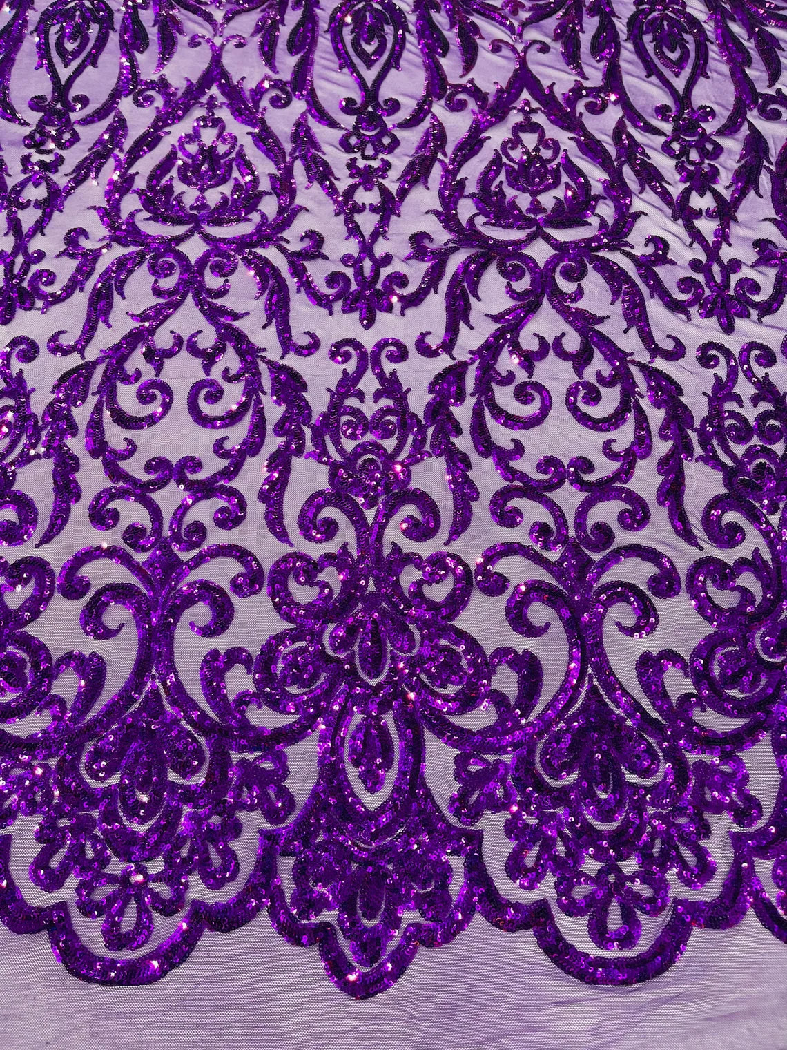 King Damask Design Sequins - Purple - 4 Way Stretch Lace Mesh Embroidered Sequins By Yard