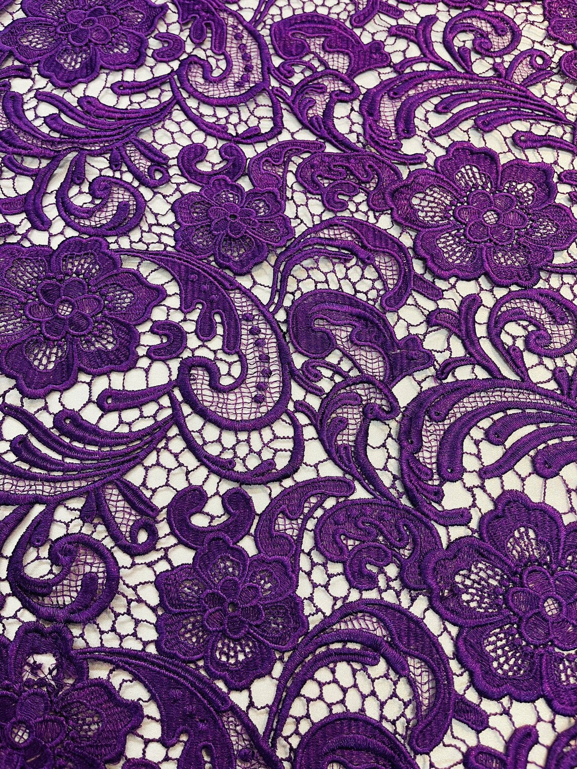 Floral Design Guipure Fabric - Purple - Floral Lace Guipure Wedding Bridal Dress Fabrics by the Yard