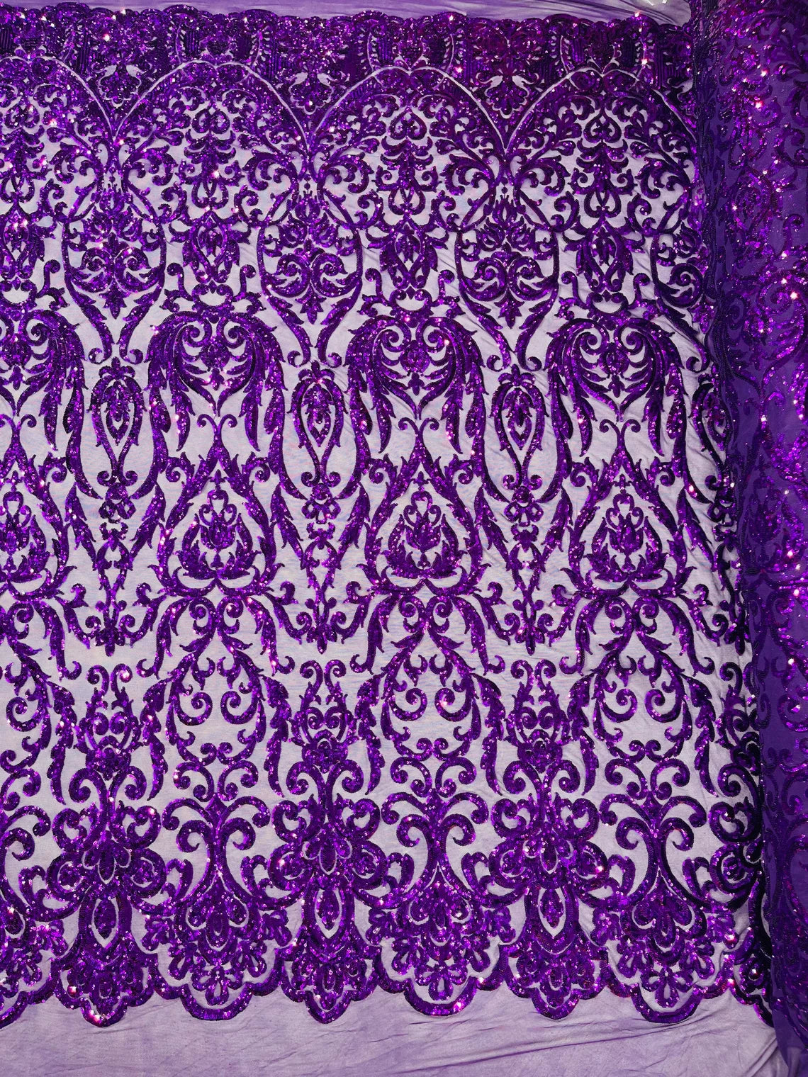 King Damask Design Sequins - Purple - 4 Way Stretch Lace Mesh Embroidered Sequins By Yard