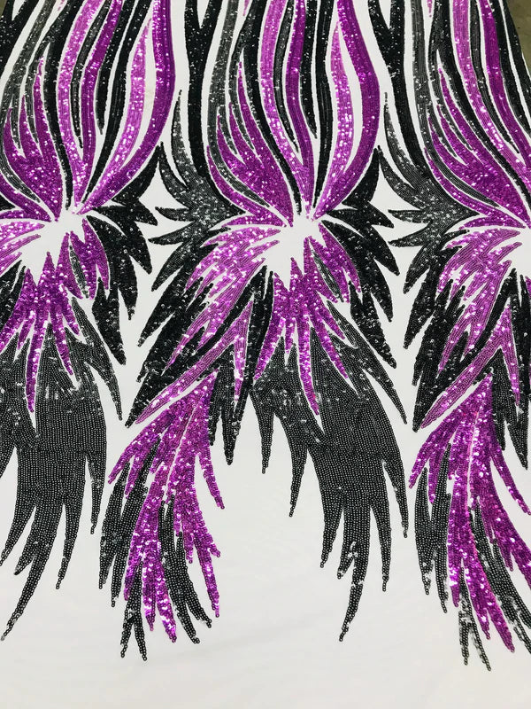 Wings Sequins Fabric - Purple / Black - Large Feather Wings 4 Way Stretch Sequins Design By Yard