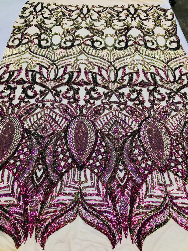 Royalty Damask Sequins Fabric - Purple / Green - Fancy Royal Lace Design 4 Way Stretch Sequins By Yard