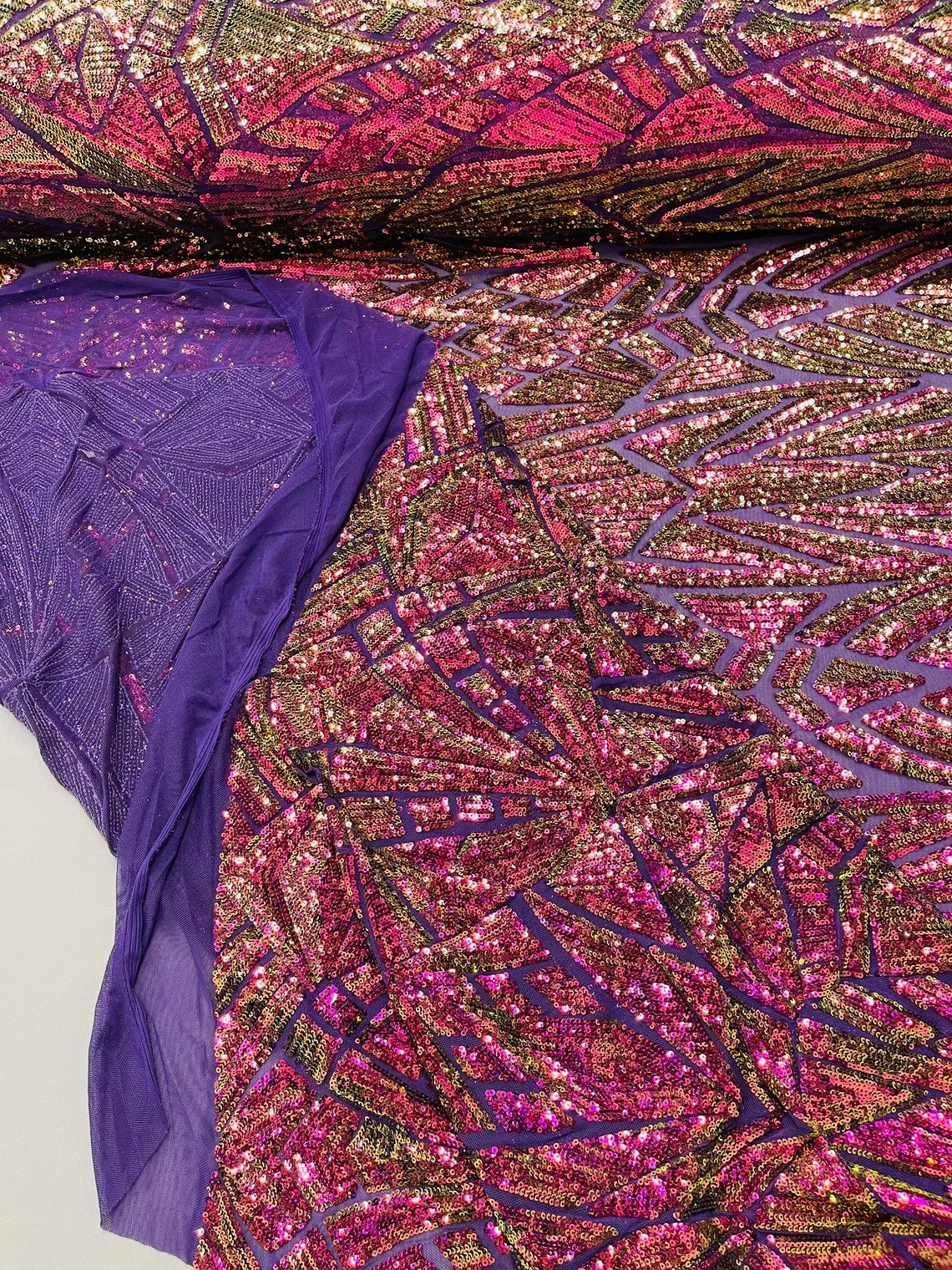 Geometric Triangle Lines Sequins - Purple Iridescent - 4 Way Stretch Geometric Design Sequins By Yard