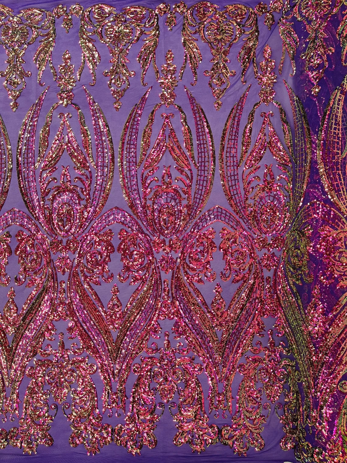 Big Damask 4 Way Sequins - Purple Iridescent - Embroidered Damask Design Sequins Fabric Sold By Yard