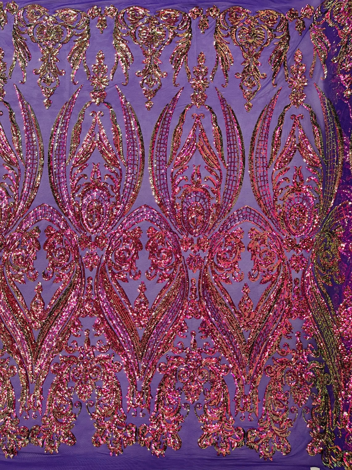 Big Damask 4 Way Sequins - Purple Iridescent - Embroidered Damask Design Sequins Fabric Sold By Yard