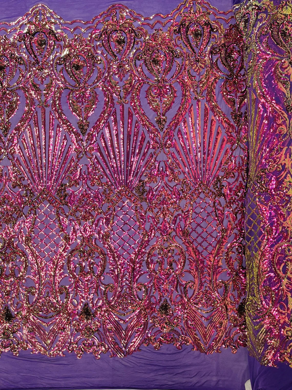 Seashell Geometric Sequins - Iridescent Purple - Embroidered Sequins on 4 Way Stretch Lace Mesh Sold By Yard