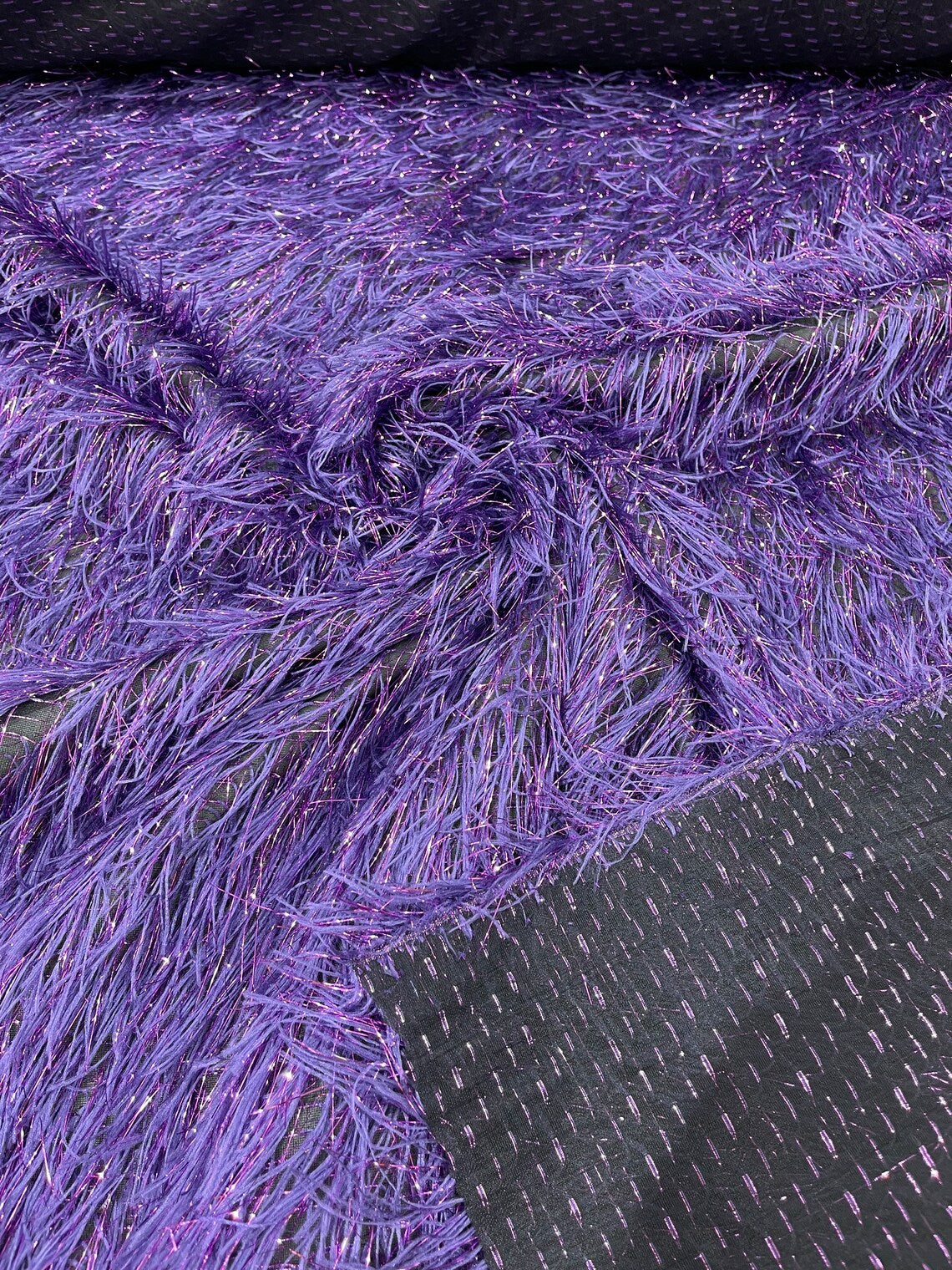 Eyelash Fringe Metallic Fabric - Purple on Black - Hanging Fringe Metallic Decorative Crafts Dress Fabric By Yard