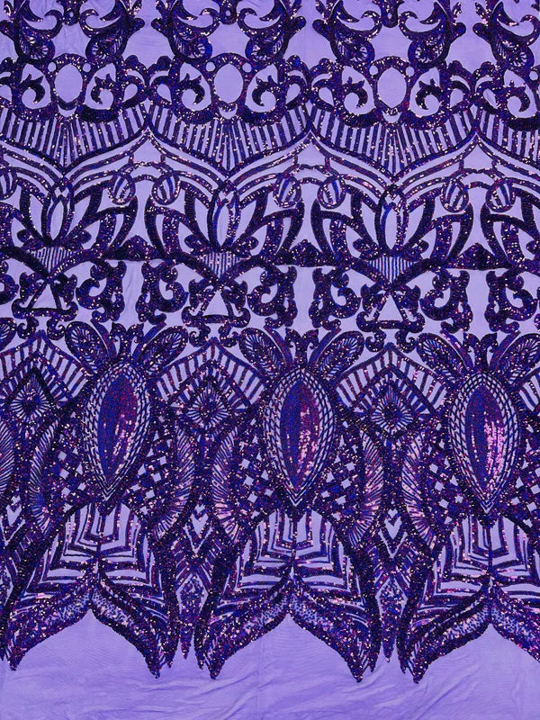 Royalty Damask Sequins Fabric - Purple on Purple - Fancy Royal Lace Design 4 Way Stretch Sequins By Yard