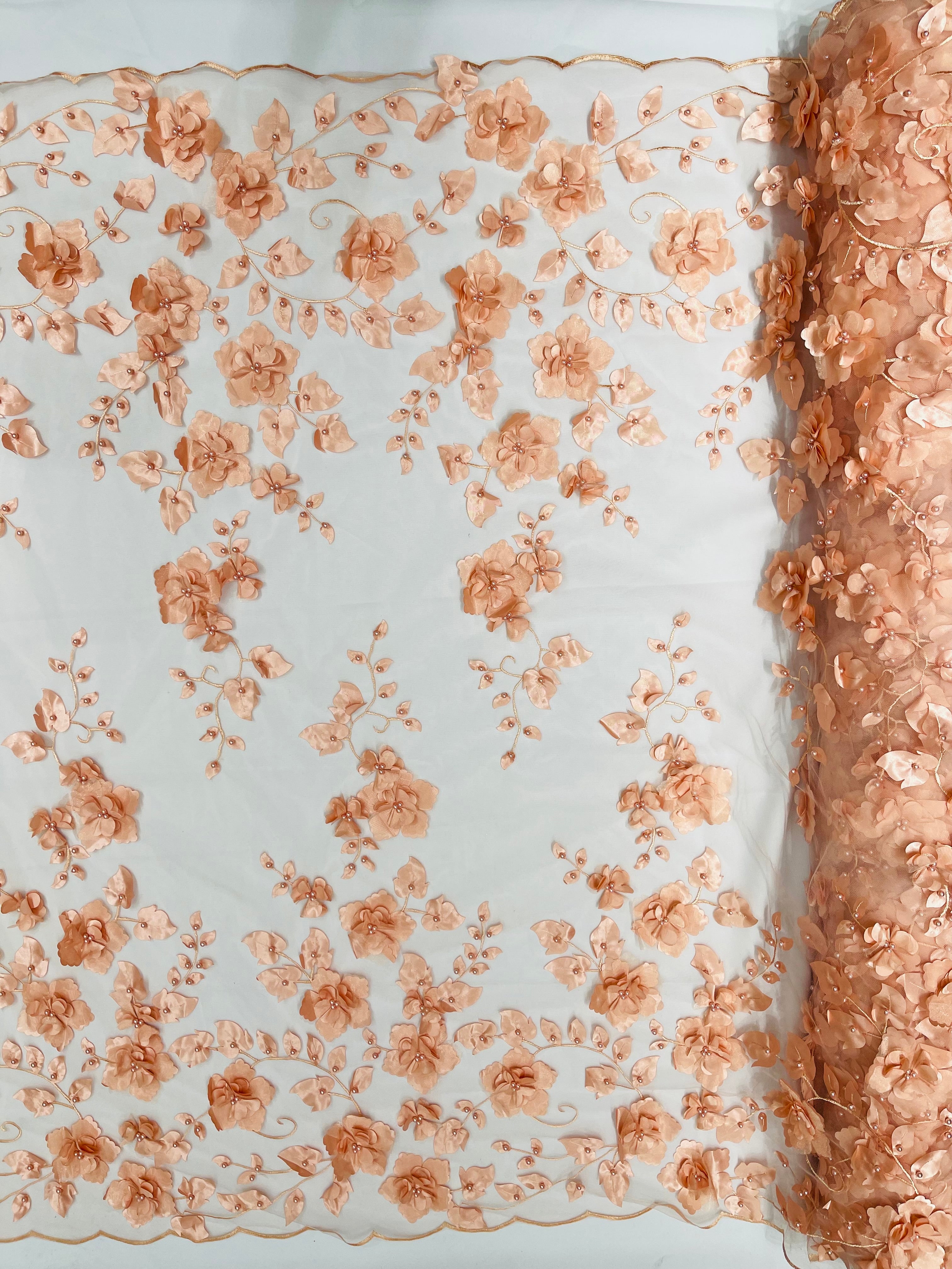 3D FLOWER PEARL LACE DOUBLE BORDER (by the yard)