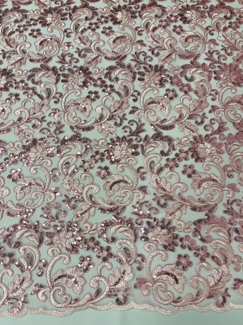 Flower Lace Sequins Corded Fabric - Pink - Embroidery Floral Design Lace Fabric By Yard