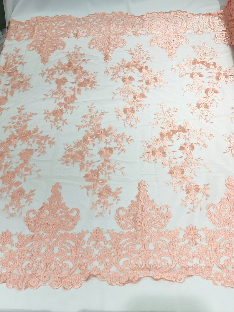 Elegant flower damask flat lace embroidery on a mesh-sold by the yard.