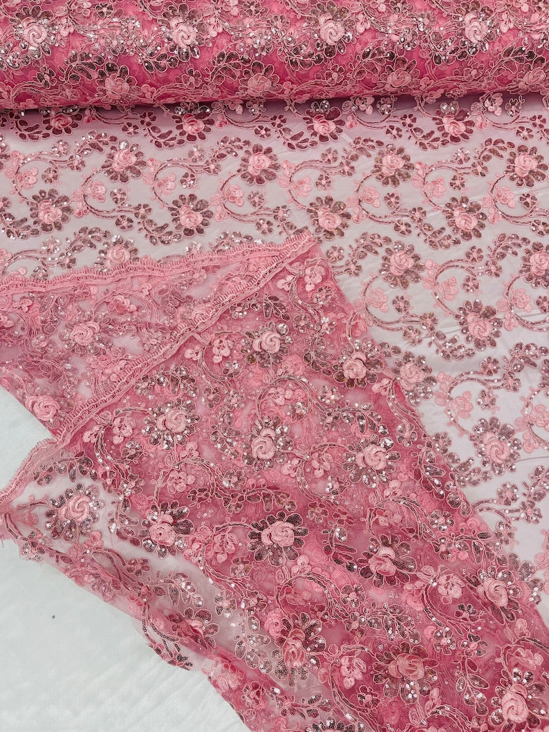 Flower Lace Sequins Fabric - Pink - Embroidery Floral Design Lace Fabric By Yard