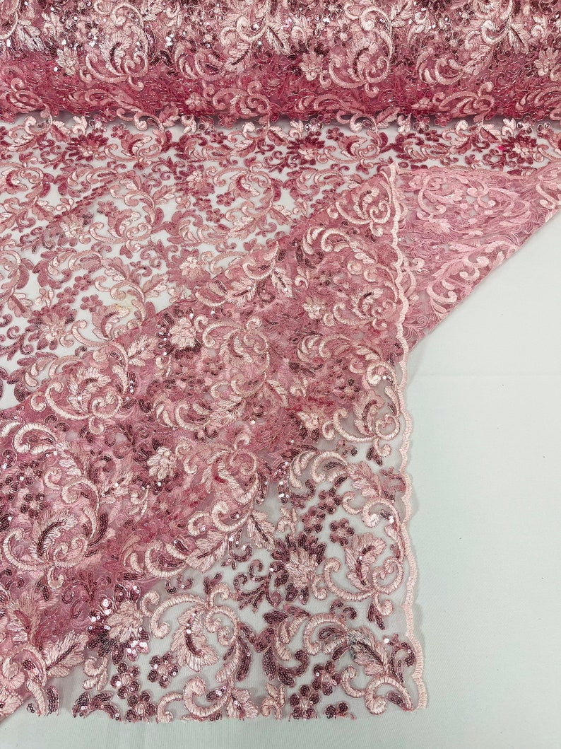 Flower Lace Sequins Corded Fabric - Pink - Embroidery Floral Design Lace Fabric By Yard