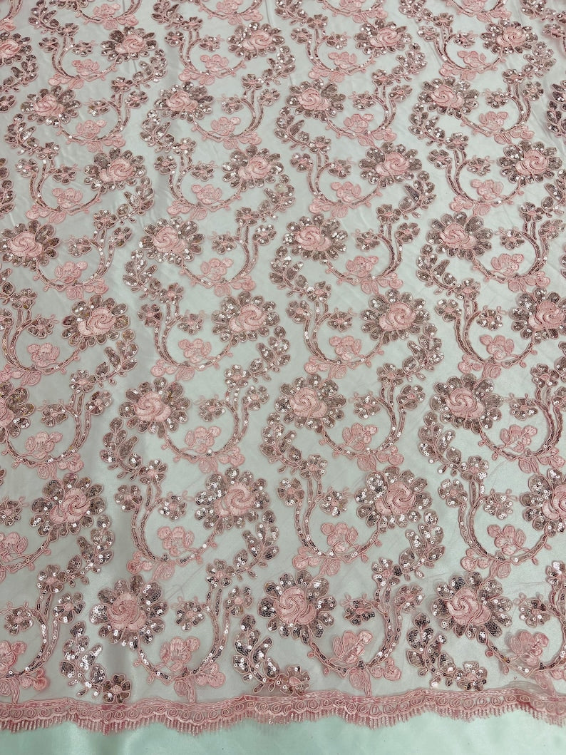 Flower Lace Sequins Fabric - Pink - Embroidery Floral Design Lace Fabric By Yard