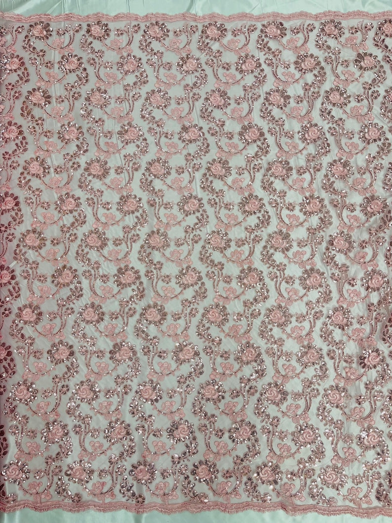 Flower Lace Sequins Fabric - Pink - Embroidery Floral Design Lace Fabric By Yard