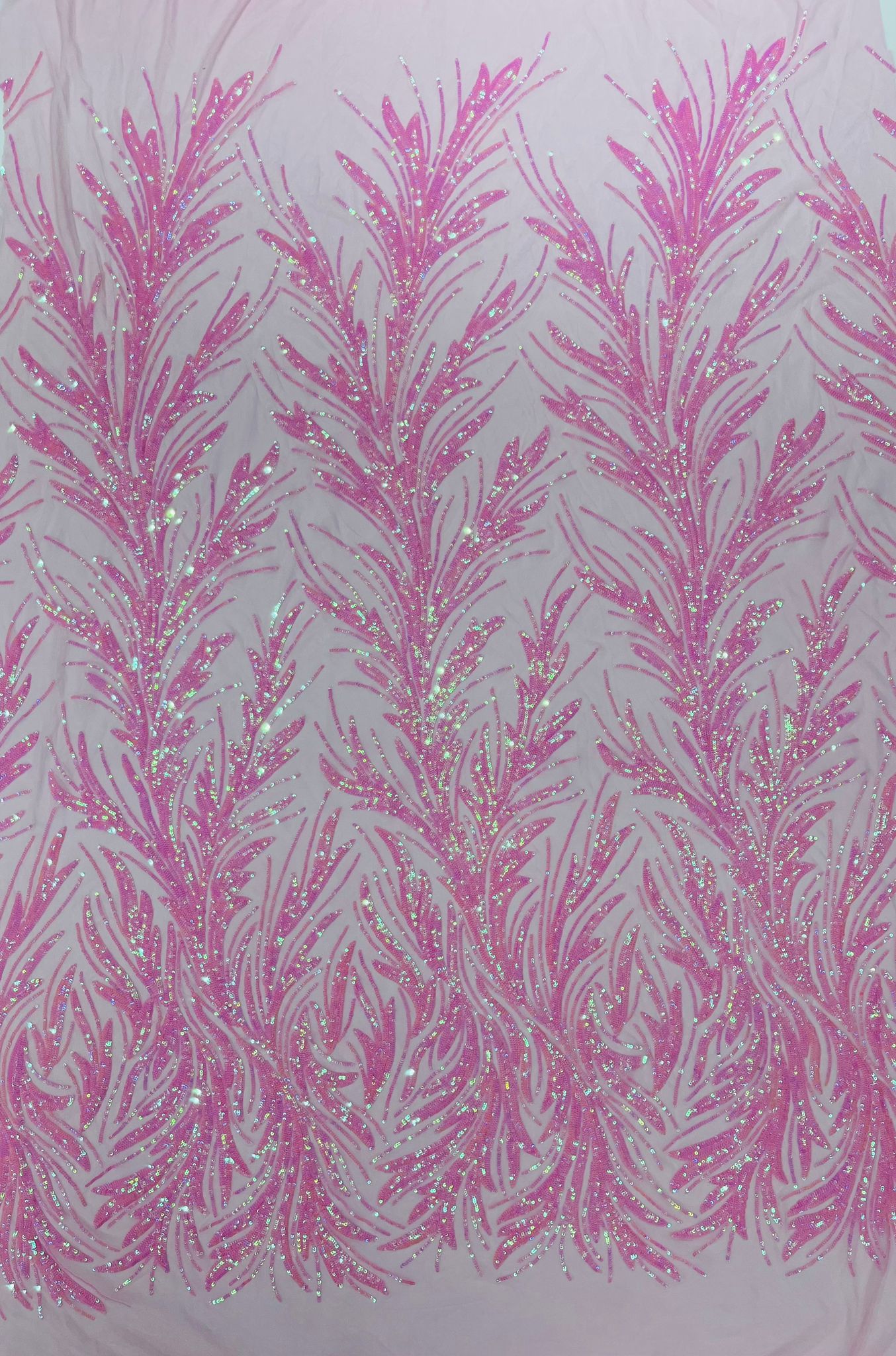 Feather Wing Shiny Sequin Design on a 4 Way Stretch mesh Fabric-Prom-Sold by The Yard.