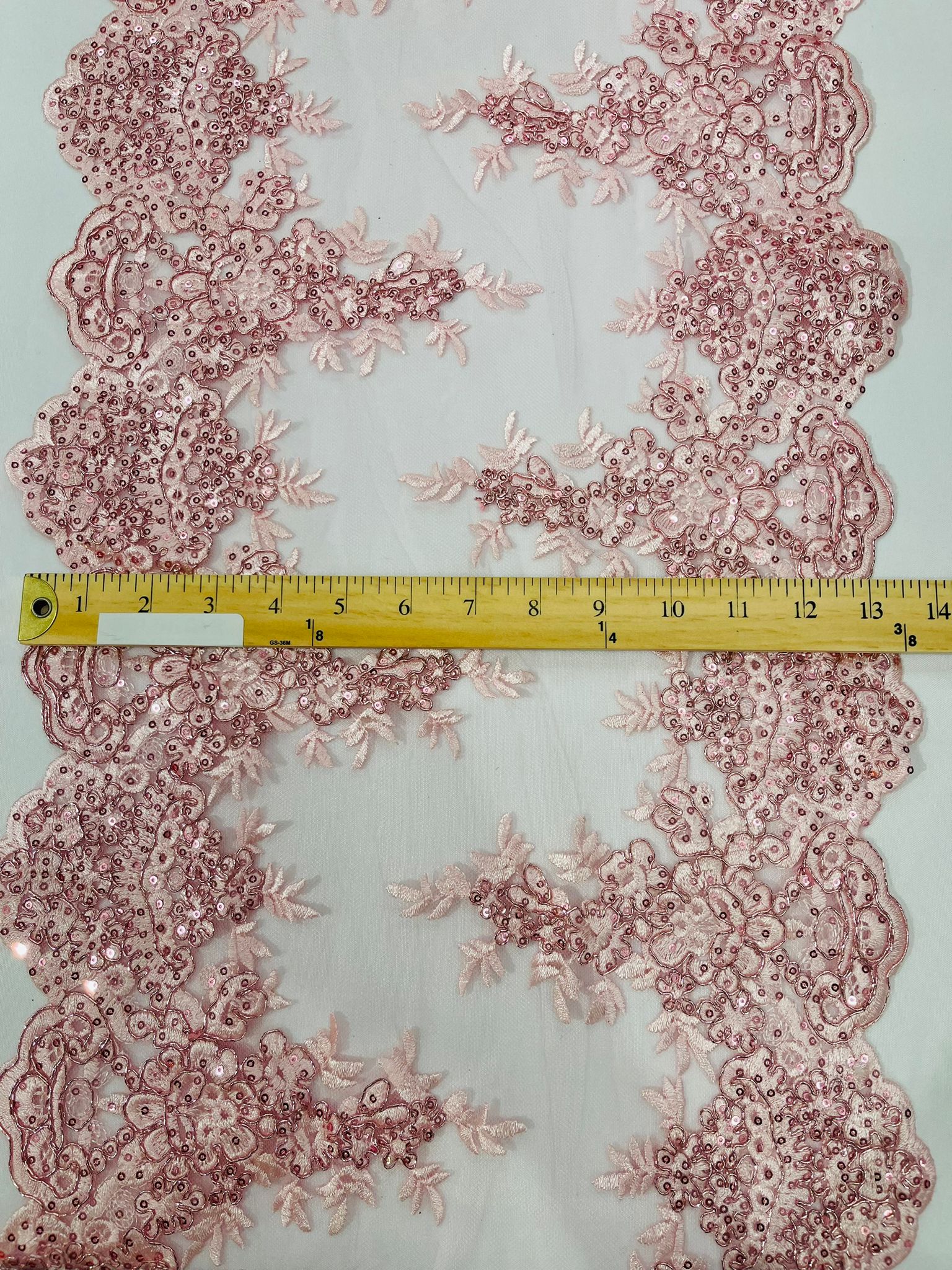 14" WIDE SEQUINS METALLIC EMBROIDERED LACE ON MESH, TABLE RUNNER. (by the yard)