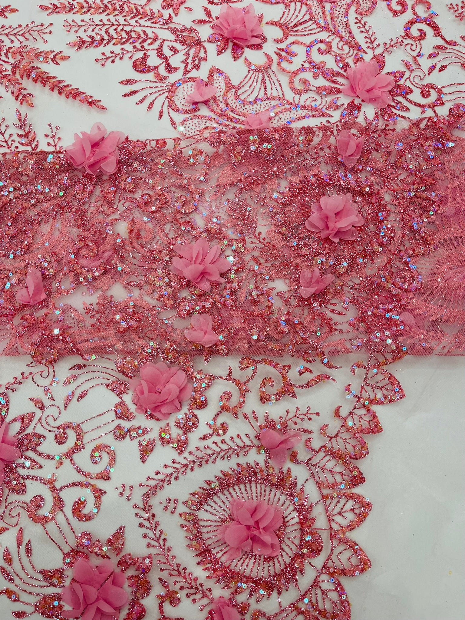 Floral 3D Palm Damask with glitter in a Mesh Lace- Sold by the yard